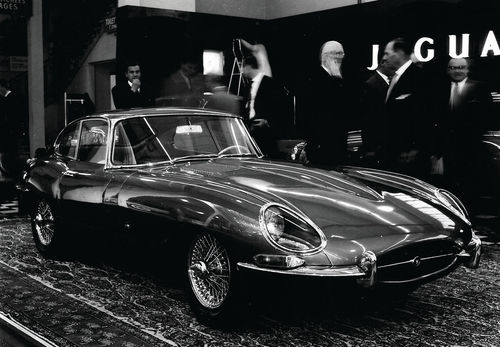 The 1961 E-Type coupe at its Geneva Motor Show unveiling.