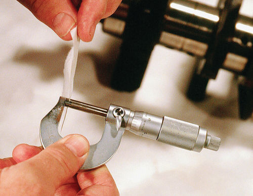 Micrometers can measure to .0001” accurately and are essential for close engine work. Clean the anvil and spindle tips of your micrometer after each measurement using a piece of paper or lint-free rag.