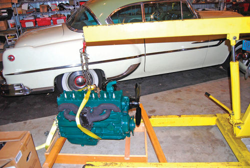 Our first beam-type engine hoist was old, but it worked well. Here it’s lifting a hefty 1949 Studebaker Commander “Big Six” engine.