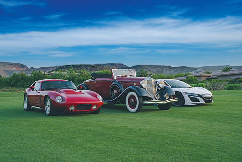 Getting an early visit to the DragonRidge Country Club are (l to r) a Cobra Daytona Coupe, 1933 Lincoln and a 2017 Acura NSX.