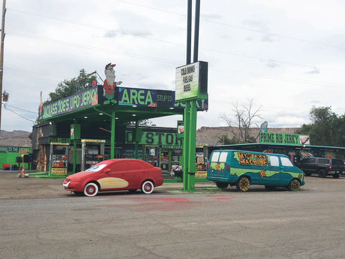 Spotted just outside of Moab, Utah: UFO Joe’s rest stop complete with every variety of jerky you can imagine…and also two funny cars!