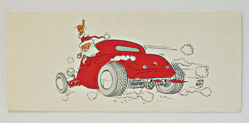 The original Tom Medley holiday card design with a rodding Santa.