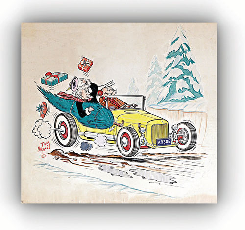 Another Medley holiday design shows Stroker behind the wheel delivering a tree, gifts and a passenger who appears to be, um, exhilarated by the ride.