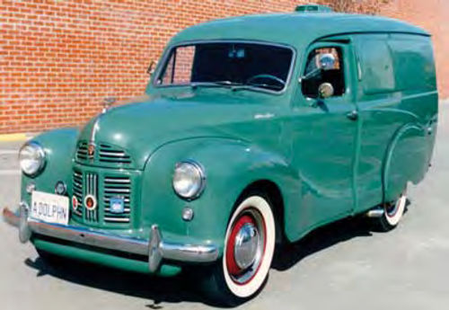 With full-skirted rear fenders this 1951 Austin A-40 van has a distinctive look that collectors appreciate.