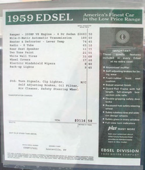 A vintage price sticker is bound to draw attention to your vehicle. “Well, look at that, they charged $74.45 for the heater/defroster and $8.40 for the electric windshield wipers on that car.”