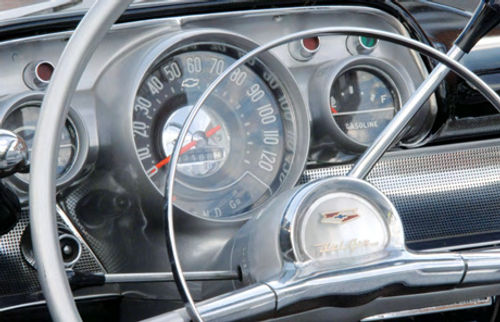 At the bottom of the speedometer there’s “Gr” where an “L” would be expected. With the Turboglide transmission that position at the far right edge of the selector is for use on grades.