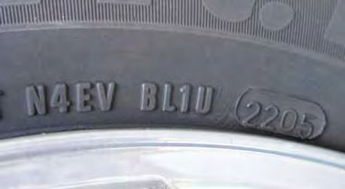 The manufacturing date of a tire can be determined by an imprint on the sidewall. This tire was manufactured during the 22nd week of 2005.