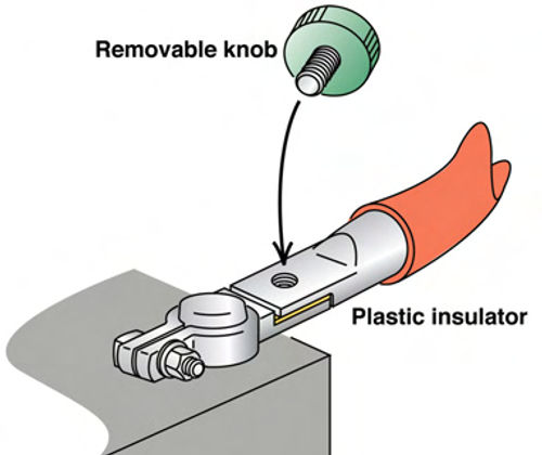 Illustration 2. A two-piece battery cable terminal will frustrate thieves. Just be sure to take the green knob with you.