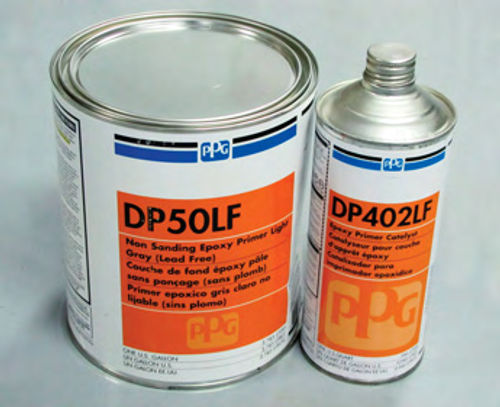 Photo 2. PPG DPLF Epoxy primers are available in various colors. The “50” in the DP50LF designation indicates this epoxy to be light gray. Other colors include 40-gray-green, 48-white, 60-blue, 74-red oxide and 90-black.