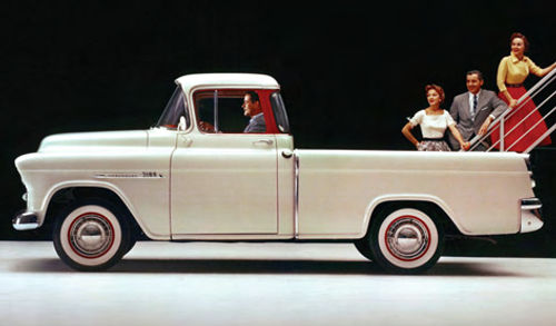 The 1955 Cameo Carrier was the first pickup to have slab sides on the box instead of a stepside configuration. The fiberglass panels used at the time were later replaced with sheet metal.