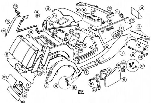 This image shows all the sheet metal panels that Moss Motors has available for the MG TF. We hope to not have to replace any metal on that car.