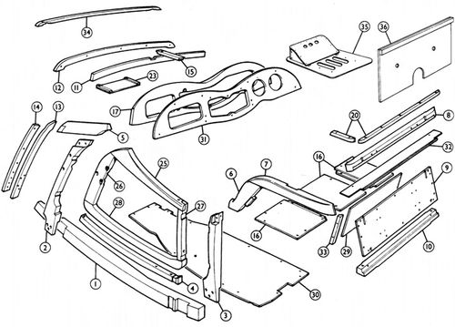 We are planning to replace most of the MG TD timbers (except dash) shown in this illustration and then hang the patched up old sheet metal on them.