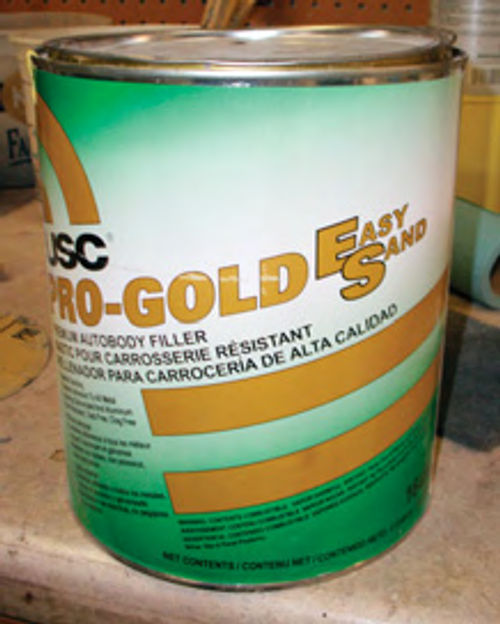 U.S. Chemical & Plastics 16400 Pro-Gold Easy Sand Premium Body Filler costs about $34 a gallon from thepaintersedge.com.