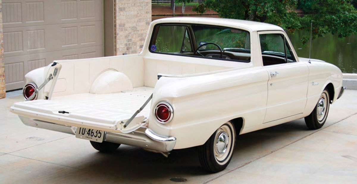 The Ranchero truck bed is not reproduced. However, this one had sustained only minor dents and did not need replacement. Note the excellent rearward visibility provided by the large glass area in back.