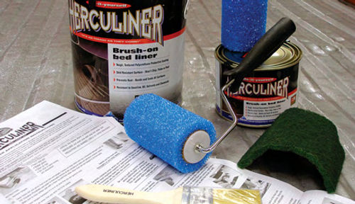 Photo 23. My Herculiner kit contained five quarts of bed liner, bristle and roller brushes, a green scratch pad (far right) and detailed instructions.