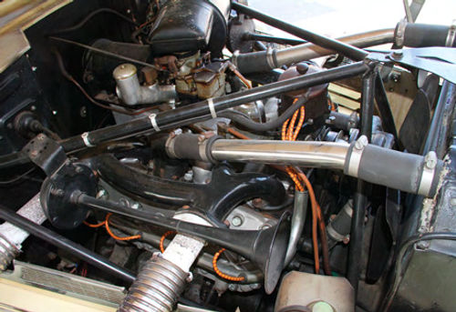 The Lycoming 289 flathead V-8 was torquey and powerful, especially with the optional supercharger. Exhaust exits from the top of the engine Cadillac-style, instead of coming out of the lower block as with Ford.