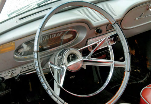 The Rambler’s designers indulged themselves a bit when it came to the dashboard and horn ring. The modern audio equipment visible through the steering wheel was added by a previous owner.