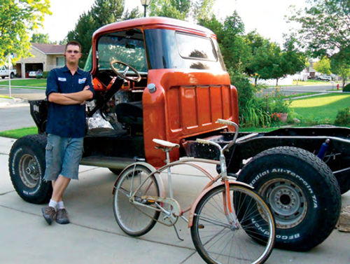 Eric with a ’59 project truck and part of another collection—old bicycles. (He has two now.)