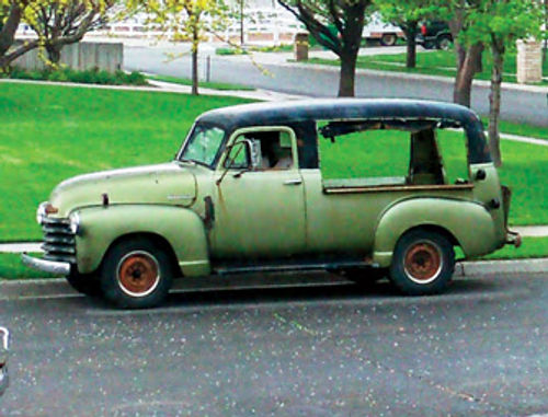 The 1951 Chevrolet Canopy Express that he drove home after it had spent 10 years in a field.