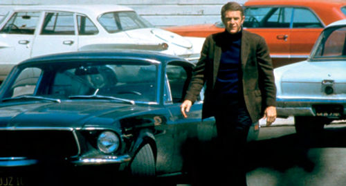 That famous Mustang with its co-star, Steve McQueen, in the detective movie “Bullitt.”