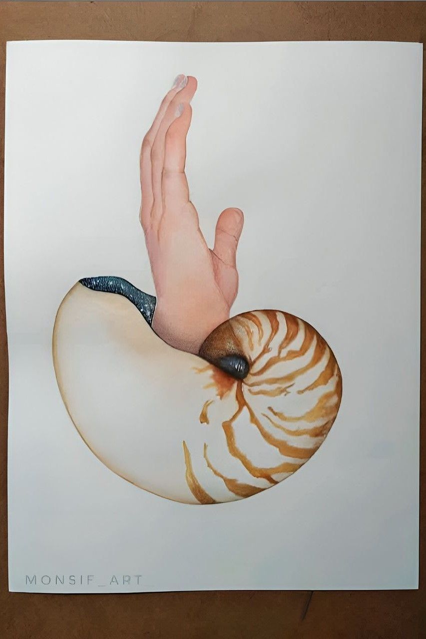 Symbiosis - Hand emerging from nautilus shell in watercolor