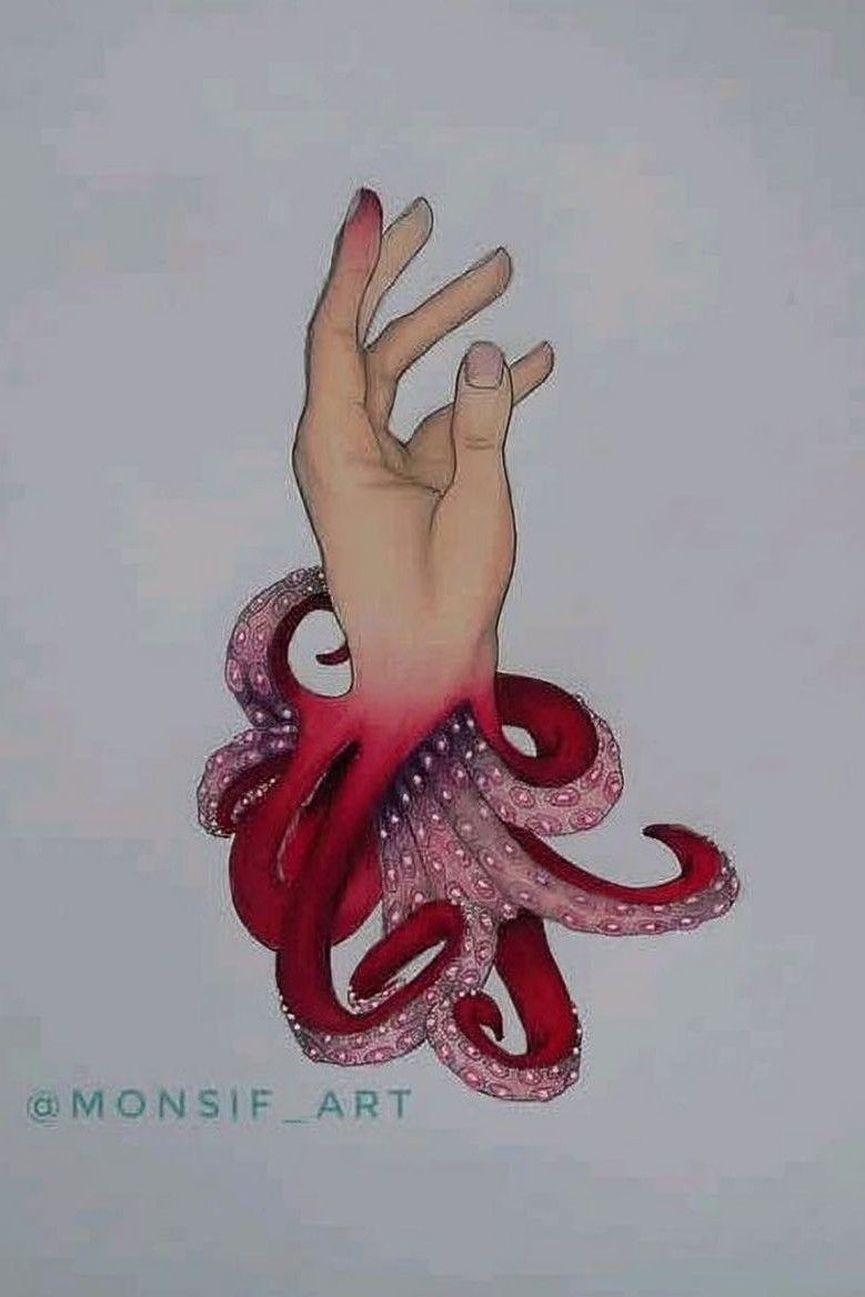 Ensnared - A surreal watercolor depicting octopus and human hand