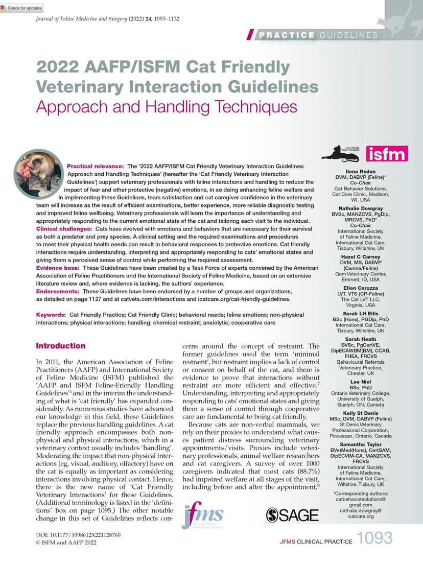 2022 AAFP/ISFM Cat Friendly Veterinary Interaction Guidelines