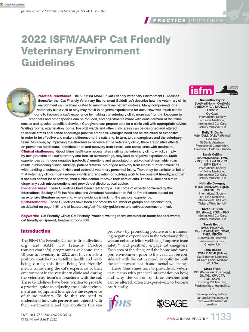 2022 ISFM/AAFP Cat Friendly Veterinary Environment Guidelines