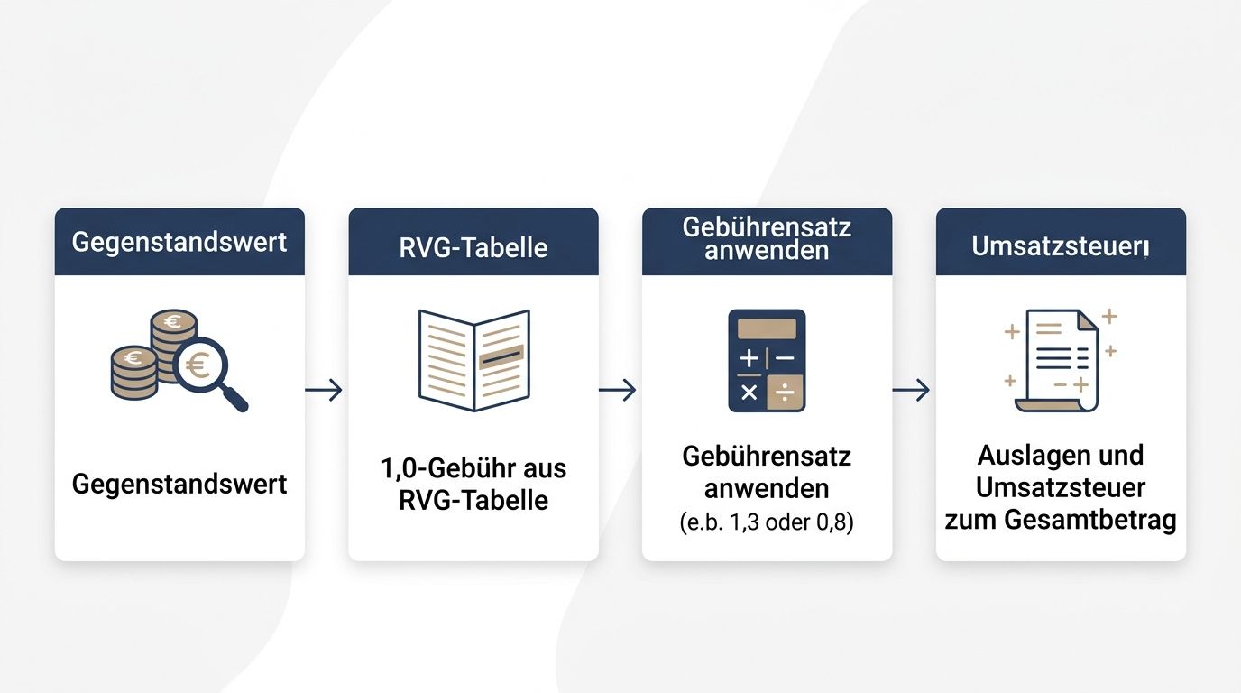 Schaubild zum Ablauf einer RVG-Berechnung vom Gegenstandswert bis zum Gesamtbetrag.