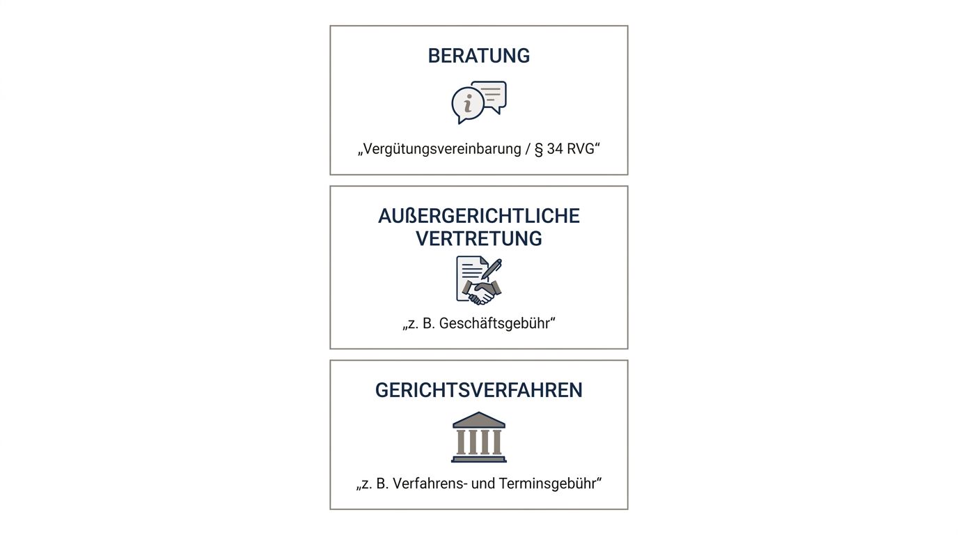 Vergleich der möglichen Gebührenarten bei Beratung, außergerichtlicher Vertretung und Gerichtsverfahren.