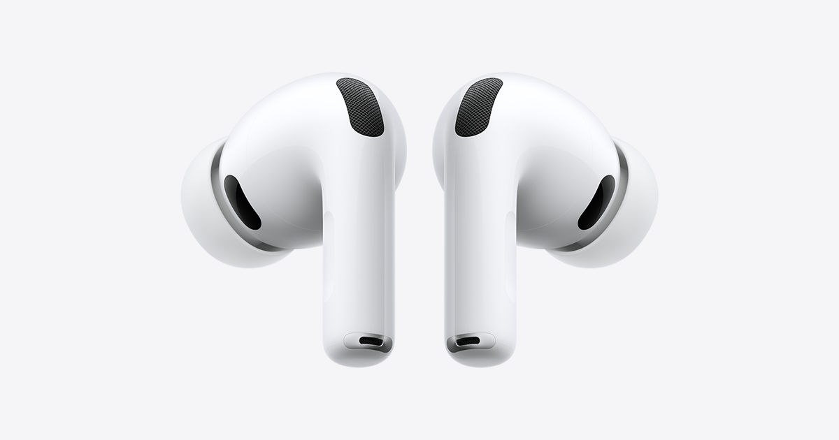 A pair of AirPods Pro shown from the front against a light grey background, stems down