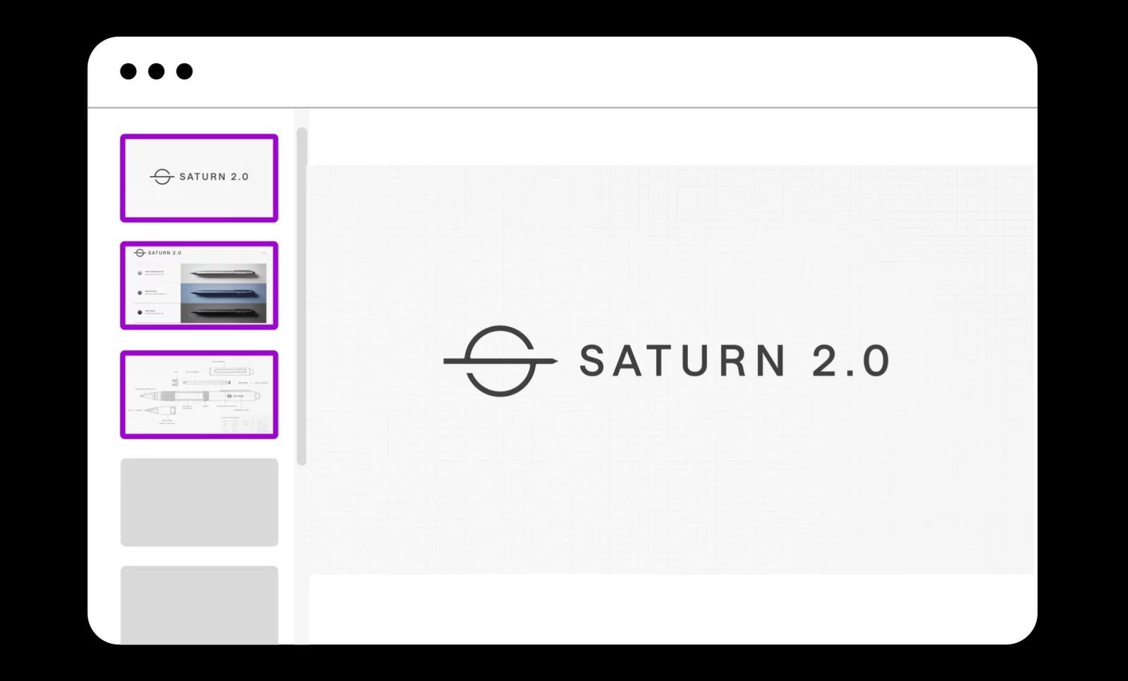Airtime Stacks viewer with a slide thumbnail rail on the left and a Saturn 2.0 title slide filling the main pane