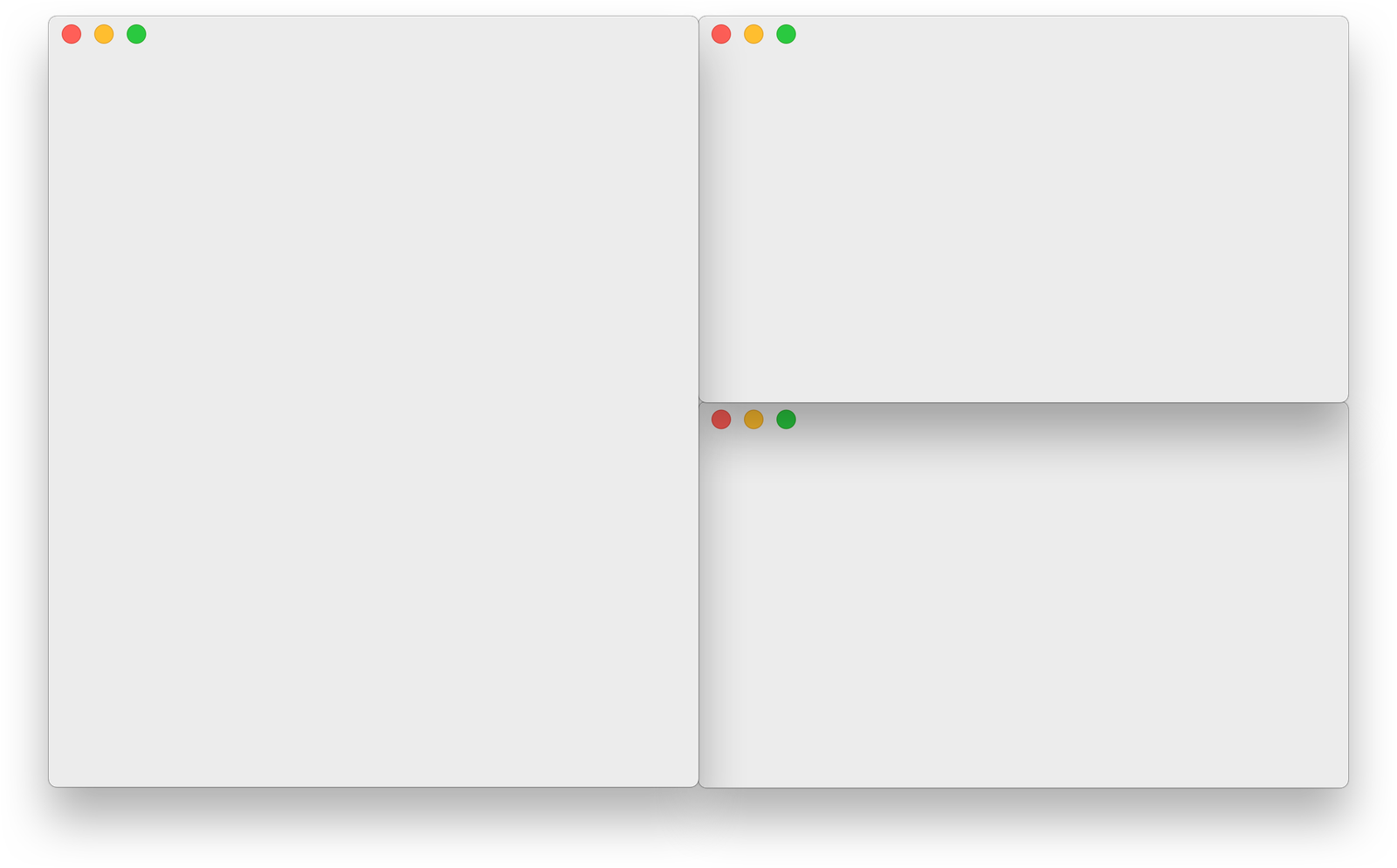 Amethyst's Tall layout: one main window filling the left half of the screen, with 2 windows stacked on the right