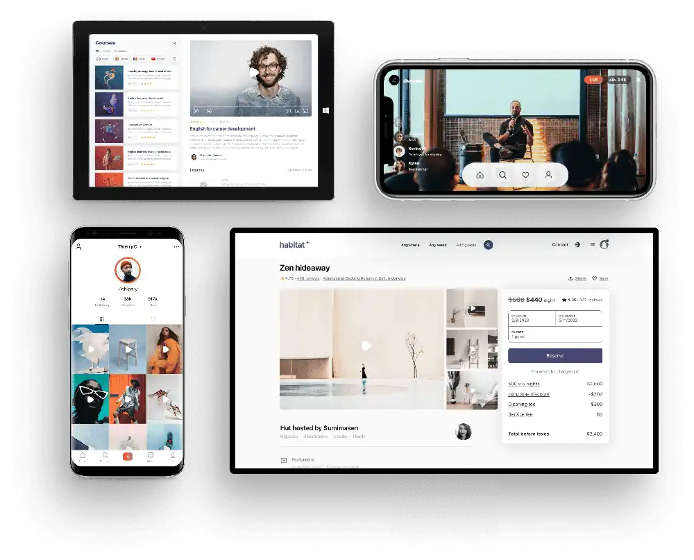 Examples of video inside apps: a course player on a tablet, a live stream on a phone, a social video grid and a rental listing with a video gallery