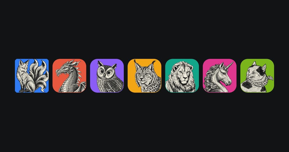 The 7 Crafting Apps icons: engraved-style animals (fox, dragon, owl, lynx, lion, unicorn, cat) on coloured rounded squares