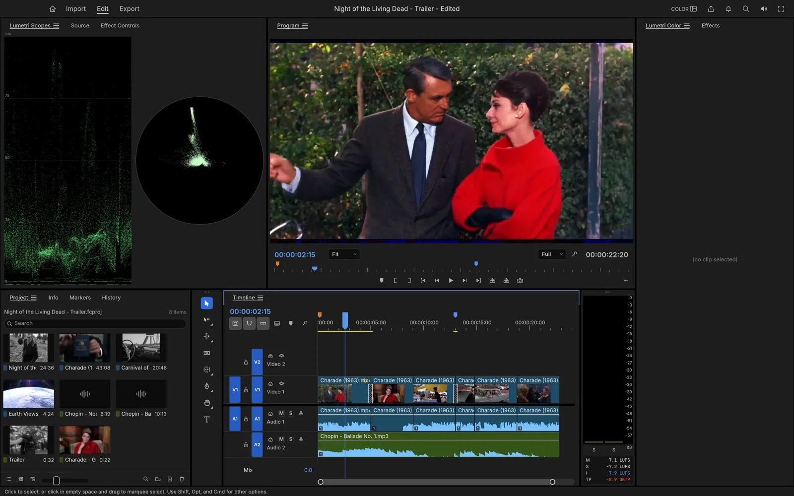 FilmCraft's Premiere-style layout with Lumetri scopes, a Charade (1963) shot in the Program monitor, a project bin and a 2-track timeline with loudness meters