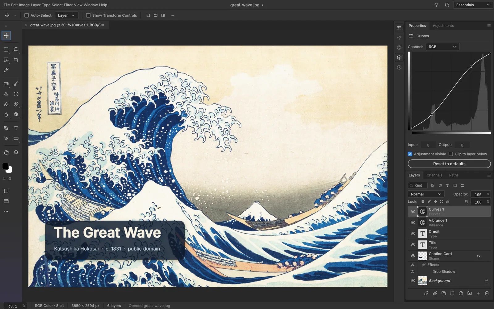 PhotoCraft editing Hokusai's Great Wave with a caption card, Curves and Vibrance adjustment layers, and a Photoshop-style Layers panel and Curves editor