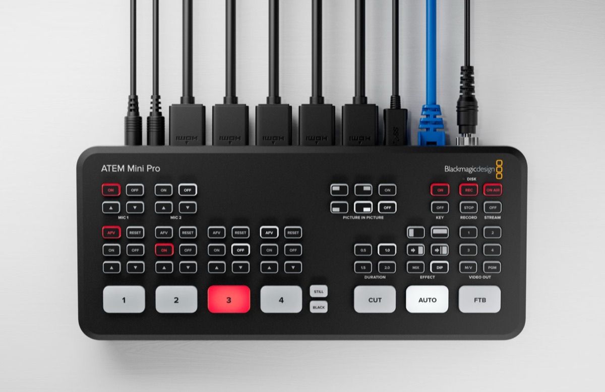Top-down view of a black Blackmagic ATEM Mini Pro switcher with two audio jacks, five HDMI cables, USB-C, a blue Ethernet cable and power plugged into the back edge