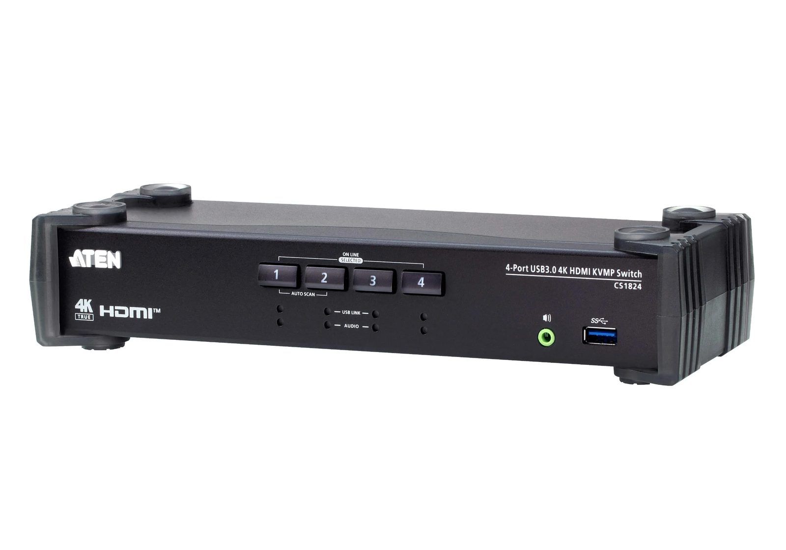 Front of the ATEN CS1824, a black rack-style box with four numbered selector pushbuttons labelled ON LINE and SELECTED, USB LINK and AUDIO indicator LEDs, a 3.5 mm audio jack and a blue USB 3.0 port, badged 4K TRUE HDMI