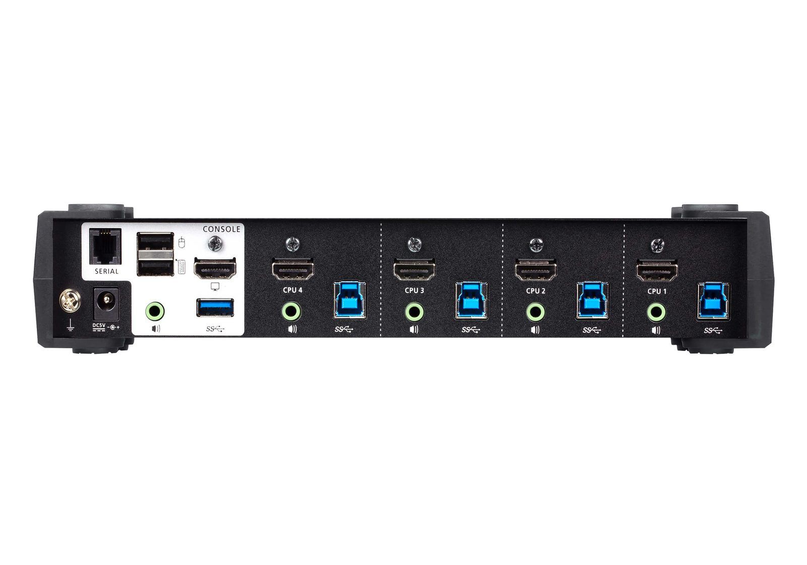 Rear of the ATEN CS1824 showing an RJ11 serial port, DC 5V power, a console block with two USB 2.0 ports marked with keyboard and mouse icons, an HDMI output, audio jack and a blue USB 3.0 port, then four identical CPU blocks each with HDMI, audio and a blue USB-B socket