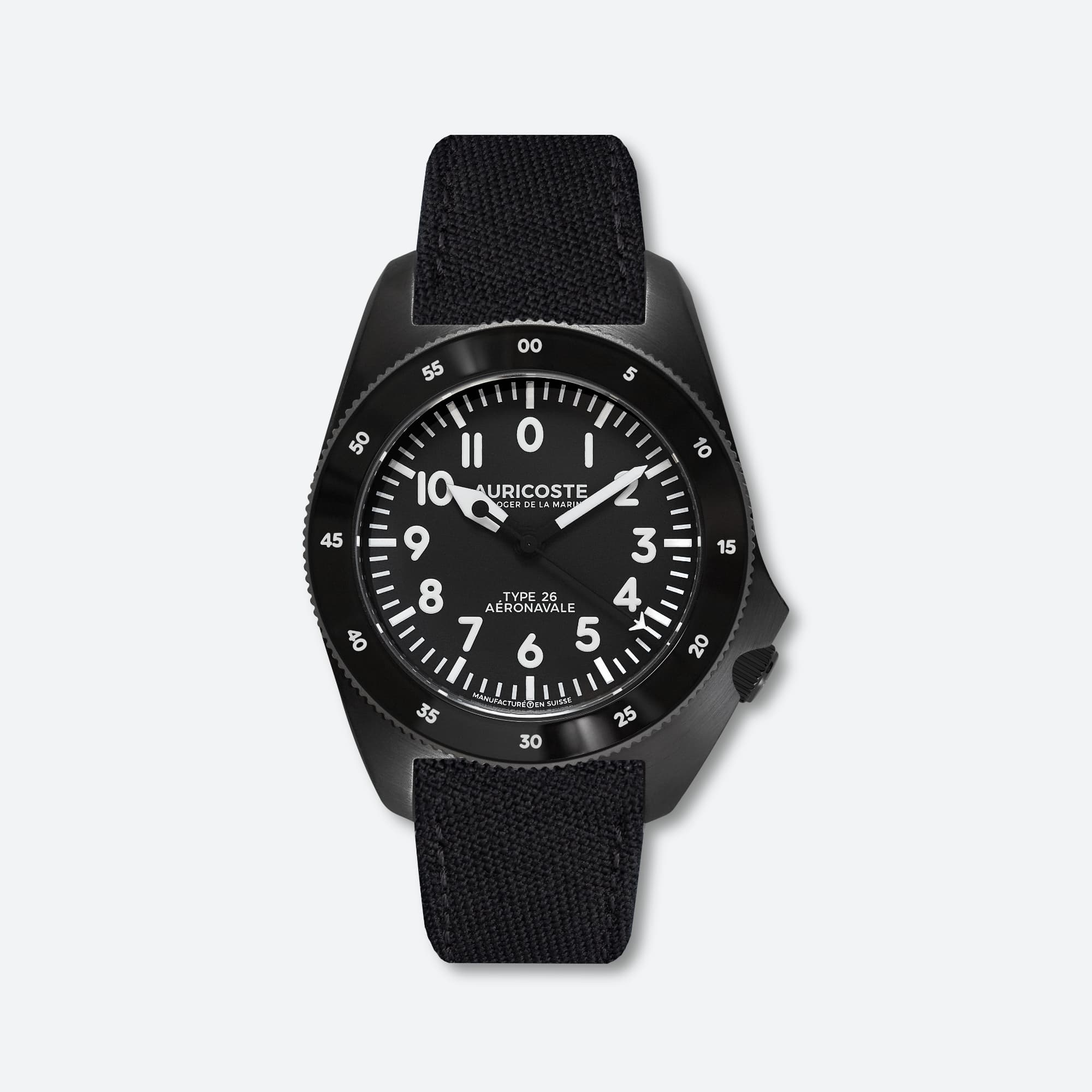 Auricoste Type 26 Aeronavale in black DLC steel with a 24-hour dial, on a black canvas strap