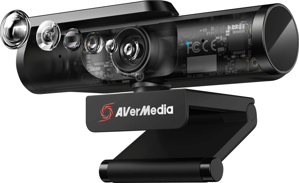 AVerMedia Live Streamer CAM 513 webcam in black, the lens array visible behind a transparent housing