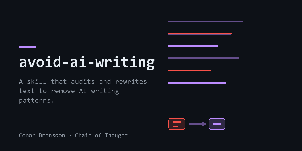 Dark title card reading avoid-ai-writing, a skill that audits and rewrites text to remove AI writing patterns, with red underlines turning into purple ones alongside
