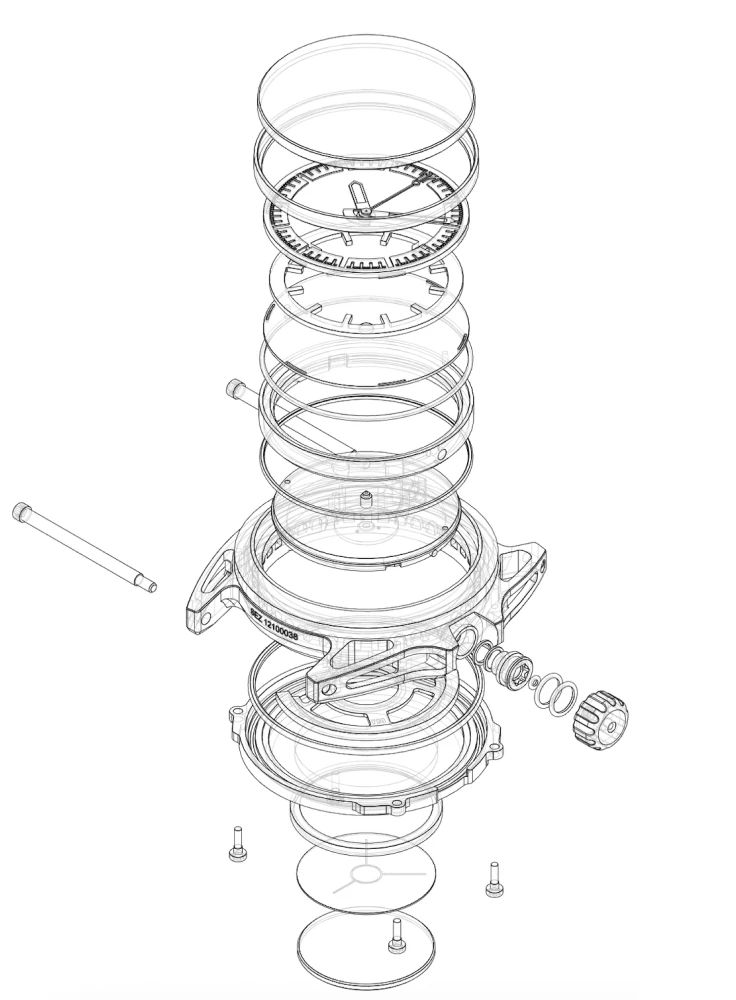 Technical line drawing of the Monolith exploded into a vertical stack: crystal, dial and hands, movement retaining rings, the lugged chassis with its crown assembly at right, then gaskets, caseback screws and the Memory Disc at the bottom