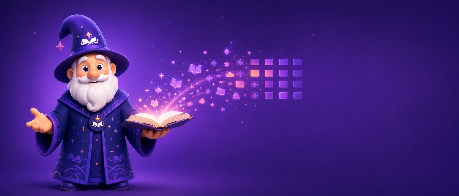 book-to-skill banner: Booklin, a cartoon wizard in a purple robe and hat, holds an open book whose pages turn into sparkles that settle into a neat grid of squares, on a purple background