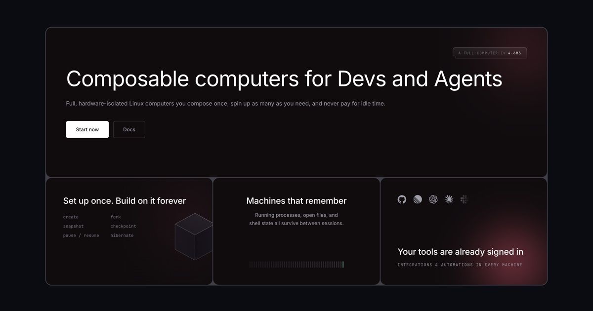 boxd home page in dark mode: the headline Composable computers for Devs and Agents above 3 panels on create, fork and snapshot commands, machines that remember their state, and signed-in integrations