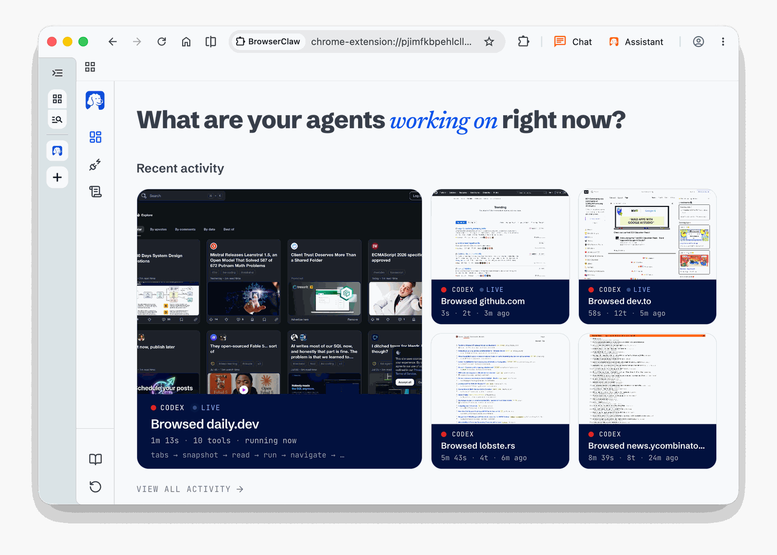 BrowserOS neo dashboard on the new tab page, with a large live tile for a Codex agent browsing daily.dev and smaller tiles for sessions on GitHub, dev.to, lobste.rs and Hacker News, each with its duration and tool count