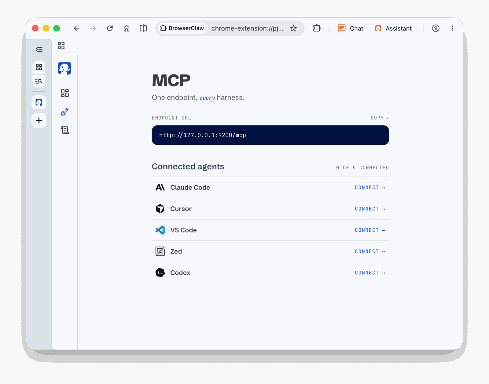 BrowserOS neo MCP page showing the endpoint URL http://127.0.0.1:9200/mcp and Connect buttons for Claude Code, Cursor, VS Code, Zed and Codex