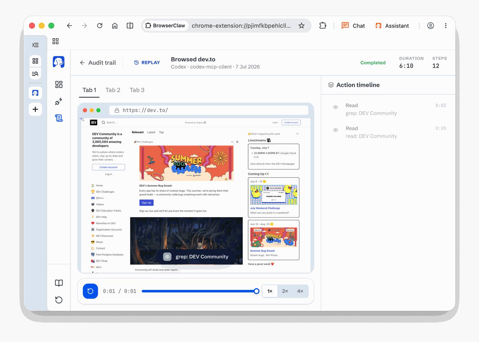 BrowserOS neo replay of a Codex session on dev.to: the recorded tab with a playback scrubber at 1x, 2x or 4x, and an action timeline on the right listing each read step with its timestamp