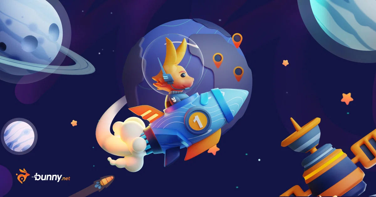 bunny.net illustration: the orange bunny mascot in a space helmet rides a blue rocket past planets marked with location pins